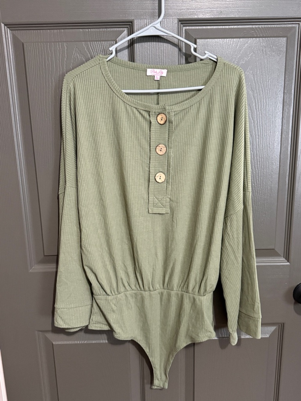 Pink Lily Ribbed Olive Green Long-Sleeve Henley Bodysuit